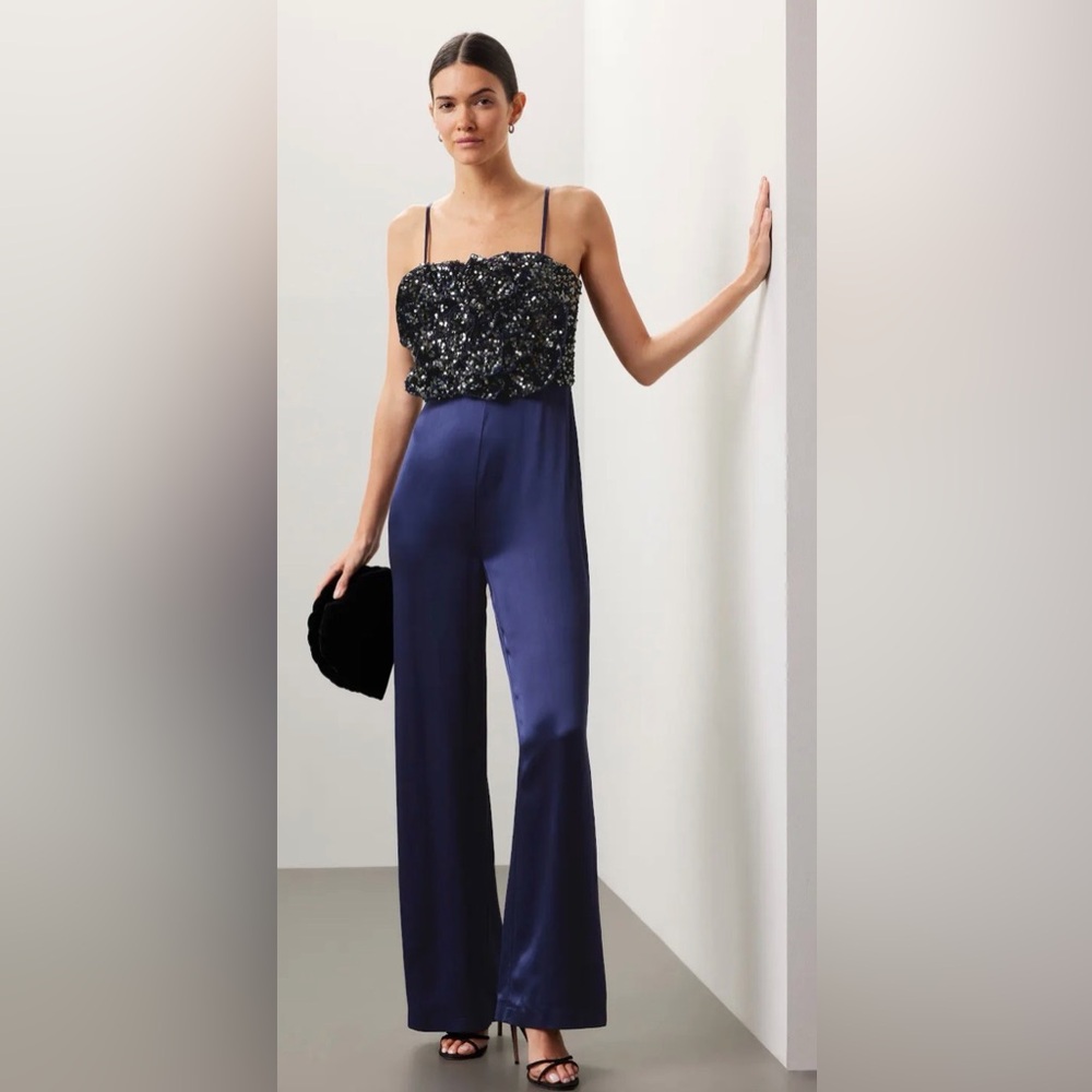 Badgley Mischka 3-D Rose Sequin Navy Satin Jumpsuit Size 4